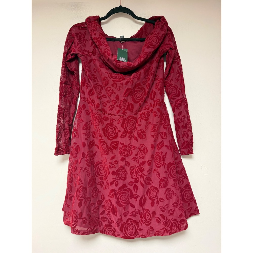 Wild Fable Dress Womens Medium Burgundy New Floral Flocked Rose Off-Shoulder‎